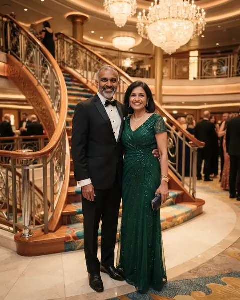 A couple in formal wear beside the grand staircase of a cruise ship