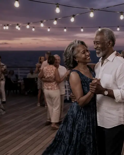 A couple dancing on deck at dusk under string lights