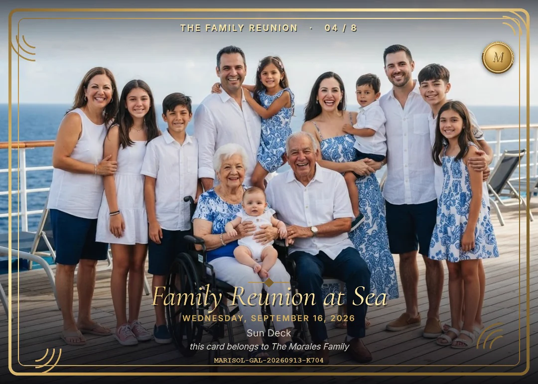 Three generations of a family in blue and white on deck, on a wide full-bleed keepsake card