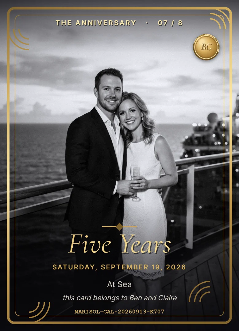A couple celebrating five years of marriage at the ship&rsquo;s rail, in black and white on a full-bleed card