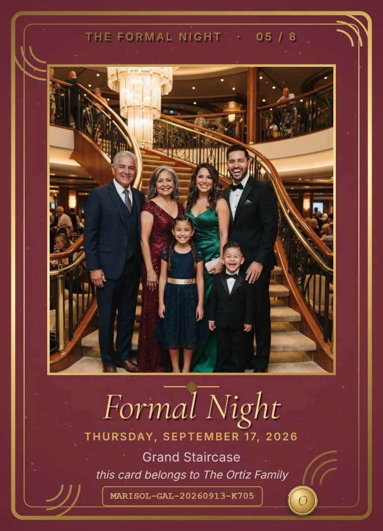 A family in formal wear on a grand staircase, on a burgundy cruise keepsake card