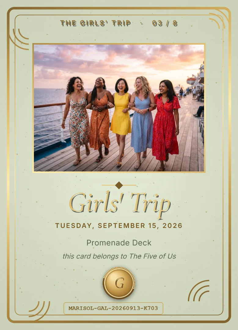 Five friends walking arm in arm and laughing on the promenade deck, on a sage keepsake card
