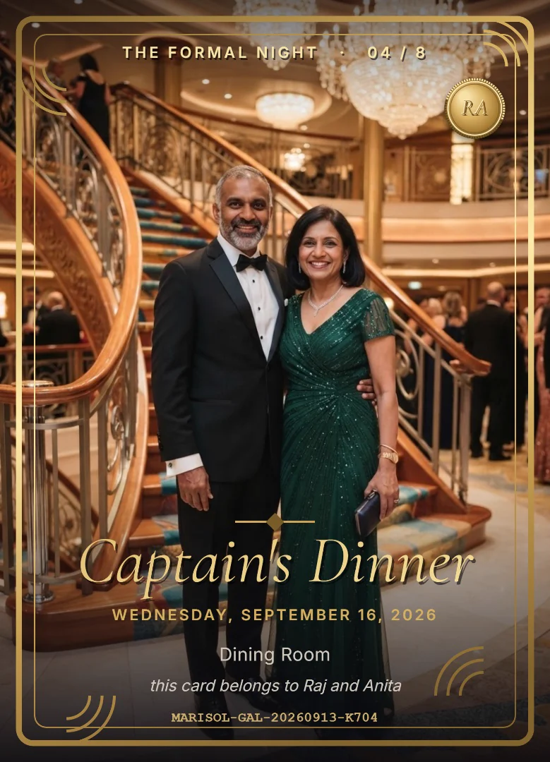 A couple in formal wear beside the grand staircase, as photographed, on a keepsake card