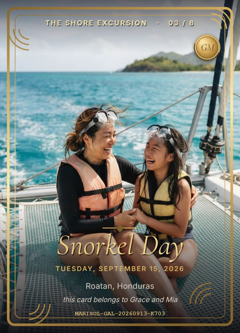 Snorkel, beach, tour keepsake card example